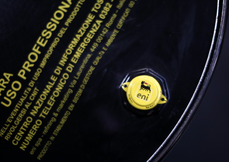 © Reuters. The logo of oil company Eni-Saipem is pictured on a barrel in Rome