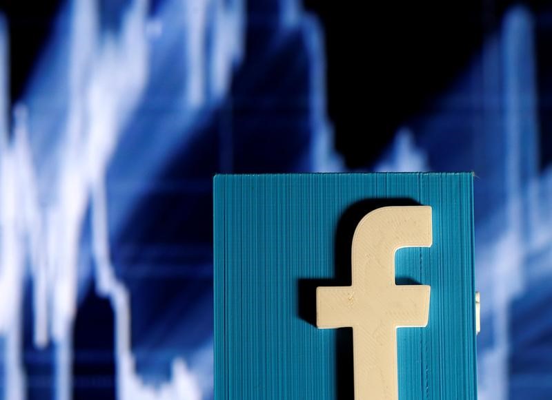 © Reuters. A 3D-printed Facebook logo is seen in front of a displayed stock graph in this illustration taken