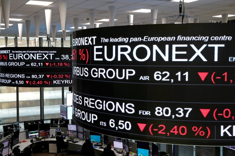 © Reuters. FILE PHOTO: Company stock price information are displayed on screens as they hang above the Paris stock exchange, operated by Euronext NV, in La Defense business district in Paris
