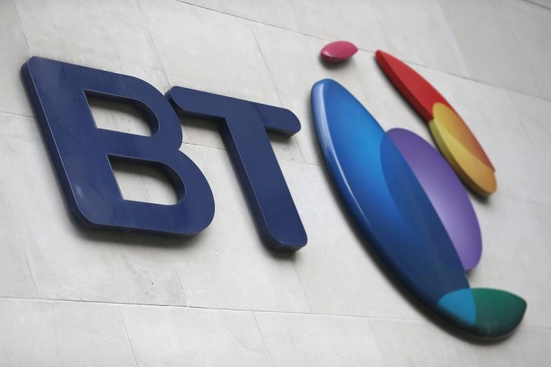© Reuters. A branded sign is displayed outside of a BT building in London