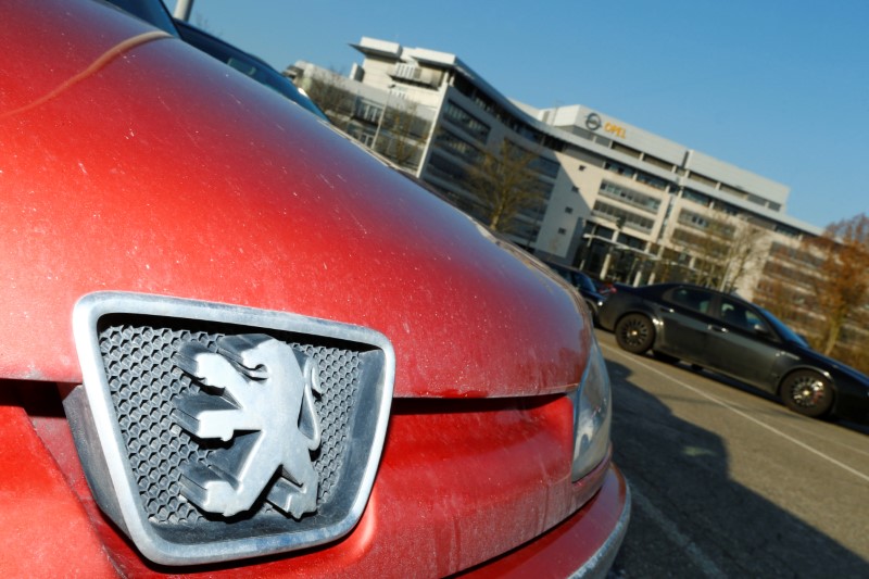 © Reuters. A Peugeot car is seen parked outside the Opel headquarters in Ruesselsheim