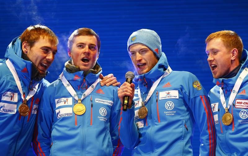 © Reuters. Biathlon - IBU World Championships Hochfilzen -  Men 4 x 7.5 km Relay