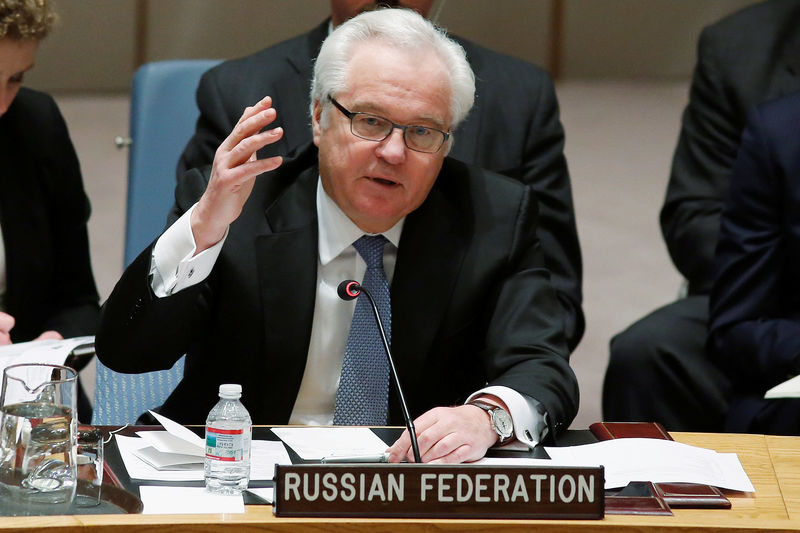 © Reuters. FILE PHOTO - Russian Ambassador to the U.N. Churkin addresses members of the U.N. Security Council during a meeting about the Ukraine situation, at U.N. headquarters in New York