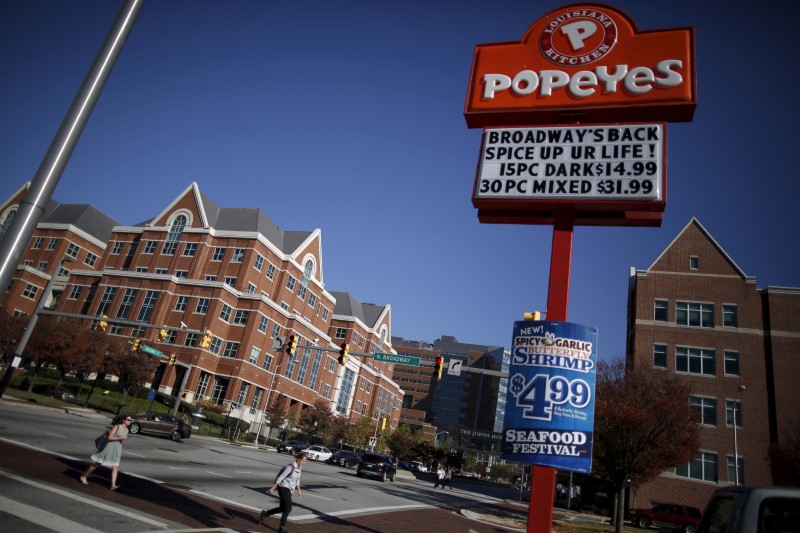 © Reuters. A popeyes restaurant sign is seen on the intersections of Broadway and New Orleans a cross the street from the John Hopkins Hospital in Baltimore, Maryland