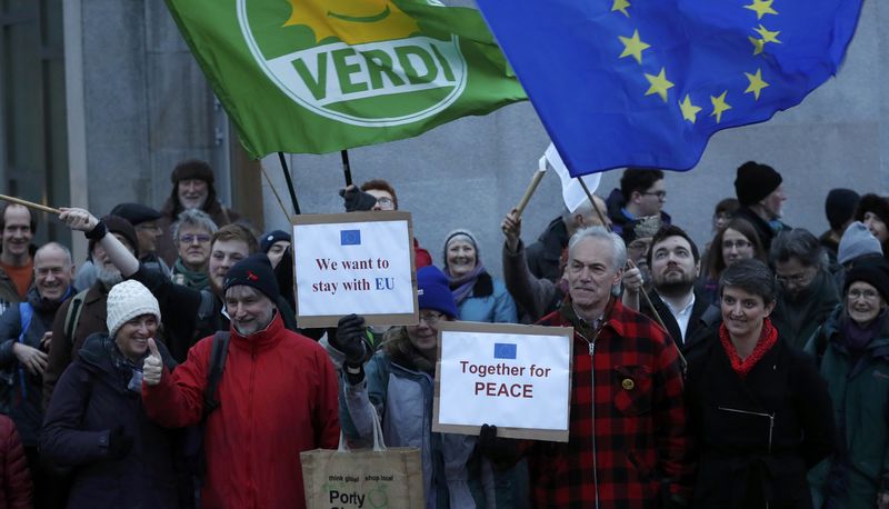 © Reuters. "Scotland says stay" rally is moved on from outside the Scottish Parliament as the  debate on the triggering of article 50 in the main chamber took place in Edinburgh Scotland