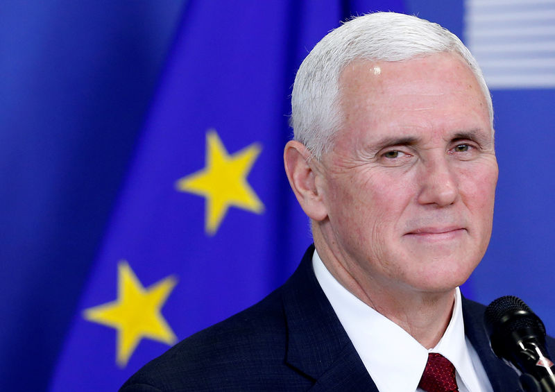 © Reuters. FILE PHOTO: U.S. Vice President Mike Pence briefs the media at the EU Commission headquarters in Brussels, Belgium