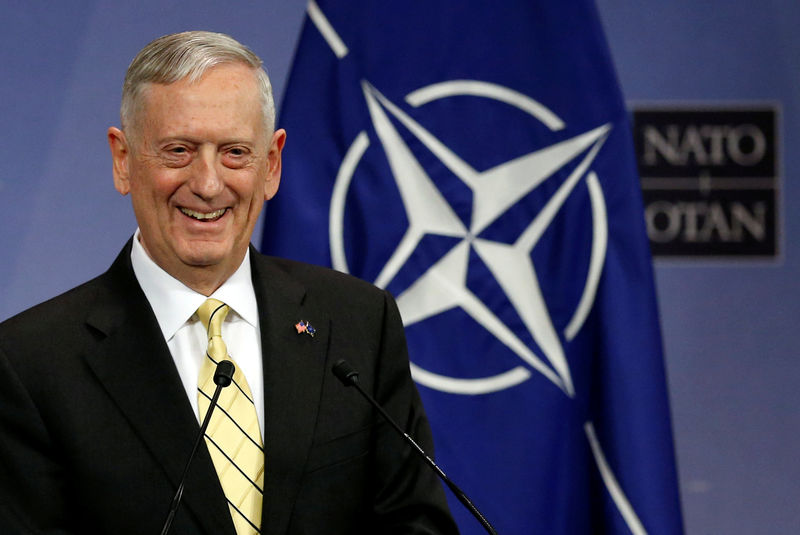 © Reuters. FILE PHOTO: U.S. Defense Secretary Mattis addresses a news conference during a NATO defence ministers meeting in Brussels