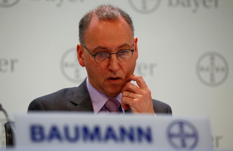 © Reuters. Bayer CEO Baumann is pictured at the annual results news conference in Leverkusen