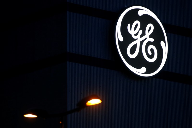 © Reuters. The General Electric logo is pictured on the General Electric offshore wind turbine plant in Montoir-de-Bretagne