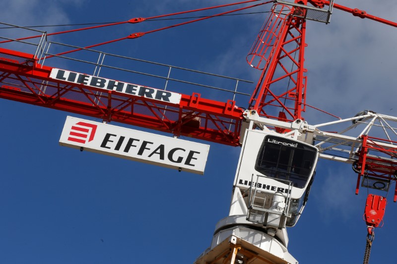 © Reuters. View of the logo of French construction group Eiffage on a crane at a job site in Paris