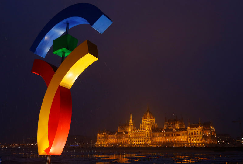 © Reuters. FILE PHOTO: The Hungarian Parliament is seen with the Olympic logo at a promotional spot as the Hungarian capital bids for the 2024 Olympic Games, in central Budapest