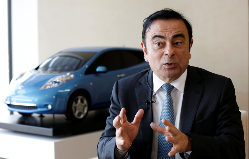 © Reuters. Ghosn, Chairman and CEO of the Renault-Nissan Alliance, speaks during an interview with Reuters at Nissan's global headquarters in Yokohama