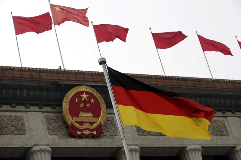 © Reuters. A German flag flutters in front of the Great Hall of the People in Beijing