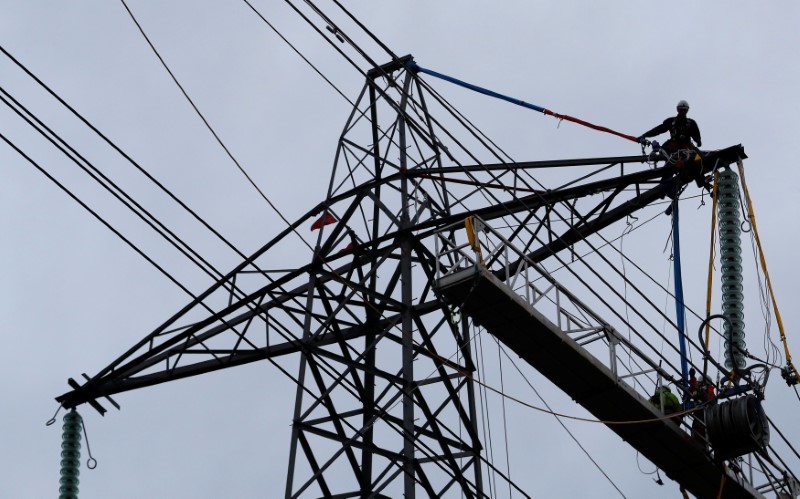 © Reuters. An engineer stands on top of an electricity pylon as he carries out maintenance work near Chester