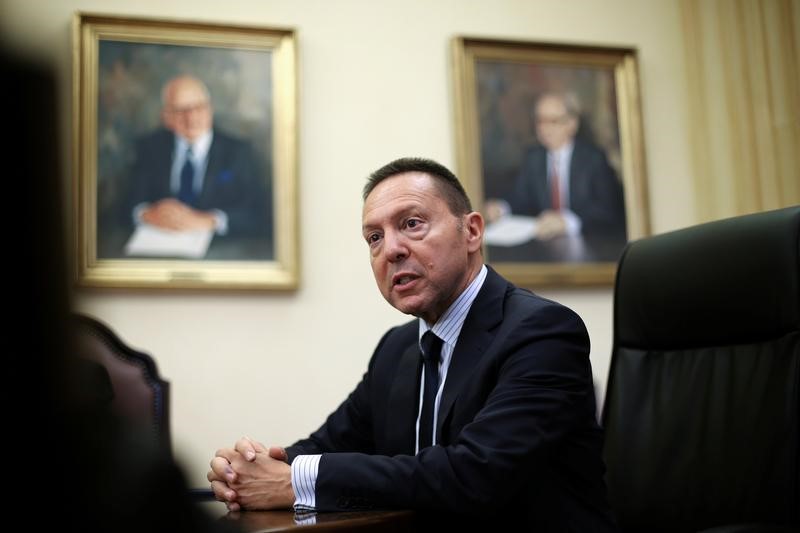 © Reuters. Governor of the Central Bank of Greece Stournaras speaks during an interview with Reuters at the bank's headquarters in Athens