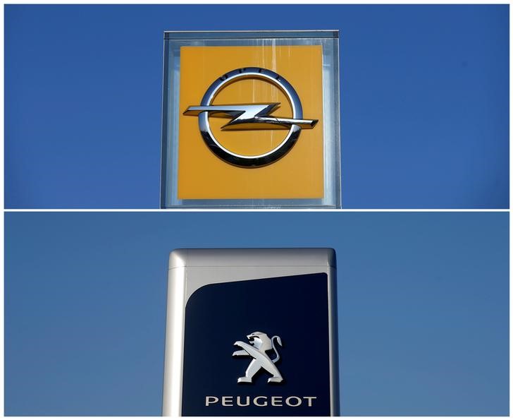 © Reuters. A combination picture shows the logos of Opel and Peugeot car manufacturers at dealerships of the brands in Strasbourg