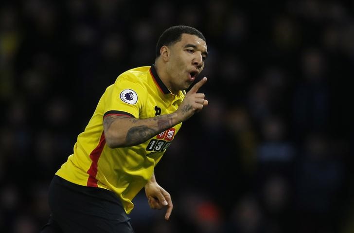 © Reuters. Watford's Troy Deeney celebrates scoring their first goal