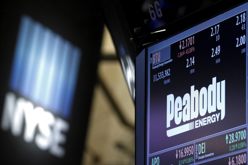 © Reuters. FILE PHOTO - The ticker and stock information for Peabody Energy is displayed at the post where the stock is traded on the floor of the NYSE