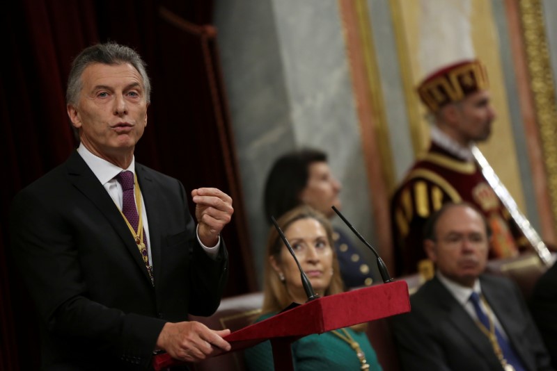 © Reuters. Argentina's President Macri addresses a joint session with Congress and Senate at Spain's Parliament in Madrid