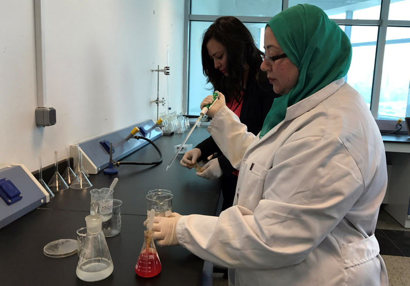 © Reuters. Assistant professor Irene Samy and researcher Marwa Faisal work on their project to create biodegradable plastic bags from shrimp shells, a project in collaboration with Nottingham University, at the Nile University in Cairo