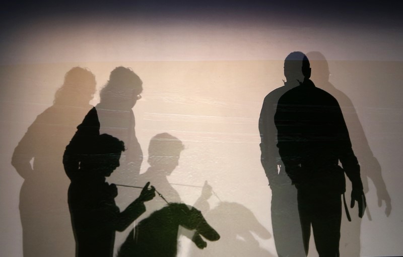 © Reuters. Silhouettes of people and a dog are seen backstage before the start of the New Yorkie Runway Doggie Fashion Show in New York