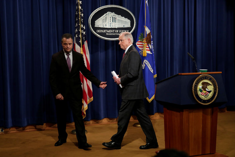 © Reuters. U.S. Attorney General Jeff Sessions leaves after a news conference at the Justice Department in Washington