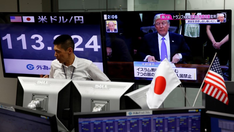 © Reuters. FILE PHOTO:An employee of a foreign exchange trading company stands in front of a TV monitor showing U.S. President Donald Trump and another monitor showing the Japanese yen's exchange rate against the U.S. dollar in Tokyo