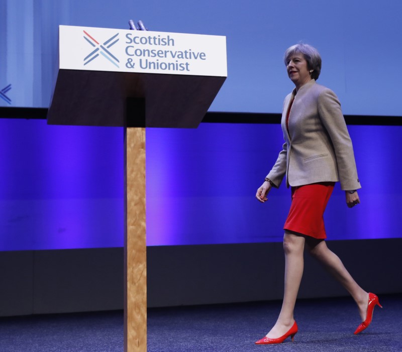 © Reuters. Britain's Prime Minister, Theresa May, arrives to address the Conservative Party's Scottish conference in Glasgow