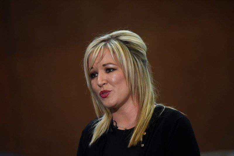 © Reuters. Newly elected Sinn Fein leader Michelle O'Neill speaks to media at the count centre in Ballymena