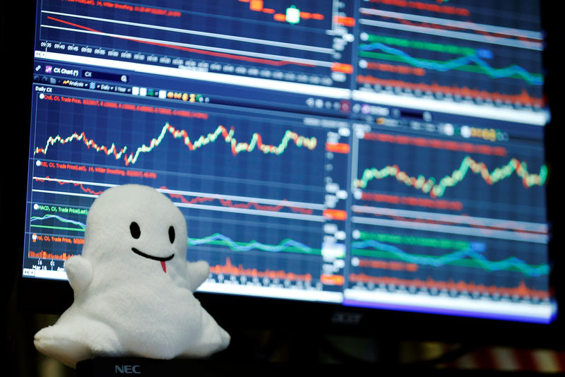 © Reuters. A stuffed ghost rests on a trader's screen above the floor of the New York Stock Exchange (NYSE) after Snap Inc. listed their IPO in New York