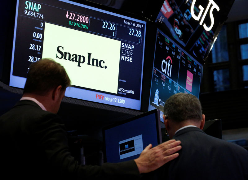 © Reuters. Traders gather at the post where Snap Inc. is traded on the floor of the NYSE