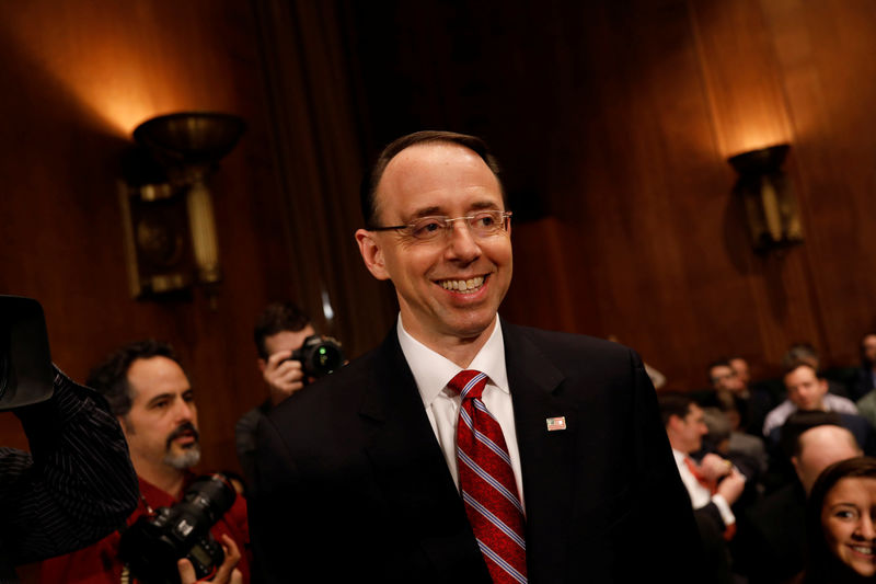 © Reuters. Rod Rosenstein, nominee to be Deputy Attorney General, arrives to testify before the Senate Judiciary Committee