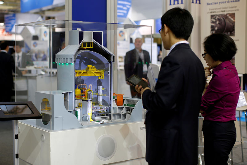 © Reuters. FILE PHOTO - Visitors look at a nuclear power plant station model by American company Westinghouse at the World Nuclear Exhibition 2014 in Le Bourget