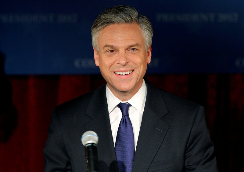 © Reuters. FILE PHOTO: Republican presidential candidate former Utah Governor Huntsman  addresses supporters at his New Hampshire primary night rally in Manchester