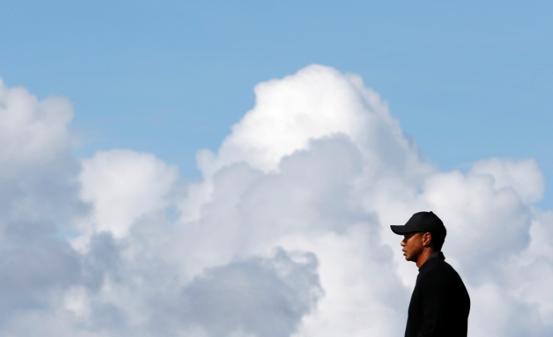 © Reuters. Tiger Woods of the U.S. stands on the green during a practice round ahead of the British Open Championship at the Royal Liverpool Golf Club in Hoylake