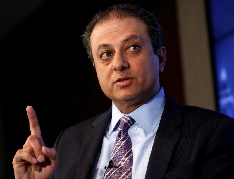 © Reuters. FILE PHOTO: U.S. Attorney for the Southern District of New York Preet Bharara speaks during a Reuters Newsmaker event in New York