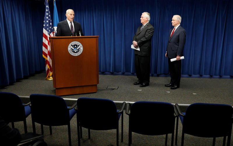 © Reuters. Homeland Security Secretary John Kelly, Secretary of State Rex Tillerson, and Attorney General Jeff Sessions, deliver remarks on issues related to visas and travel