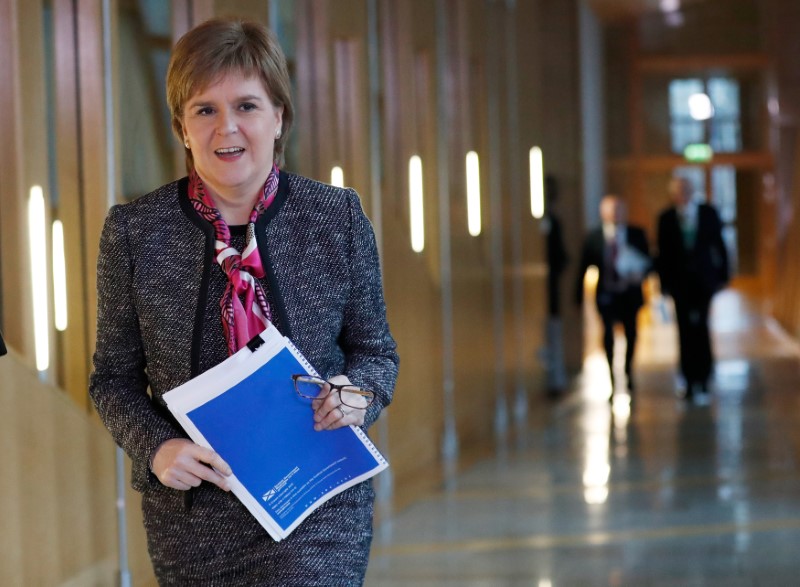 © Reuters. Scotland's First Minister Nicola Sturgeon arrives to deliver a statement on Brexit during a session of Scotland's Parliament at Holyrood in Edinburgh