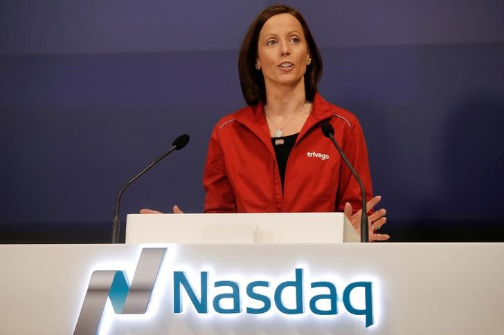 © Reuters. Incoming CEO of the Nasdaq Stock Market Adena Friedman speaks ahead of the initial public offering of Trivago, the hotel search platform, at the Nasdaq Market Site in New York