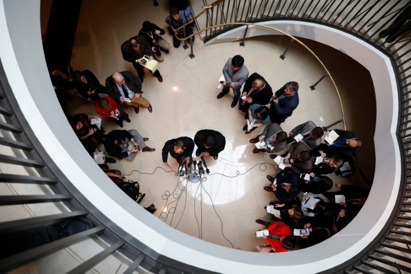 © Reuters. House Select Committee on Intelligence Chairman Rep. Devin Nunes (R-CA) and Ranking Member Rep. Adam Schiff (D-CA) speak with the media about the ongoing Russia investigation on Capitol Hill