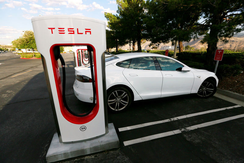 © Reuters. A Tesla Model S charges at a Tesla Supercharger station in Cabazon, California