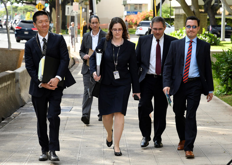 © Reuters. Hawaii Attorney General Douglas Chin arrives at  the U.S. District Court Ninth Circuit to present his arguments  after filing an amended lawsuit against President Donald Trump's new travel ban in Honolulu, Hawaii.