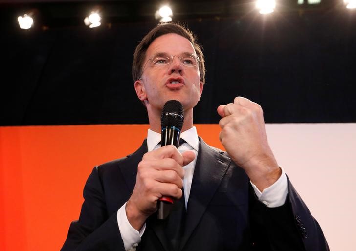 © Reuters. Premiê holandês Mark Rutte fala aos apoiadores em Haia