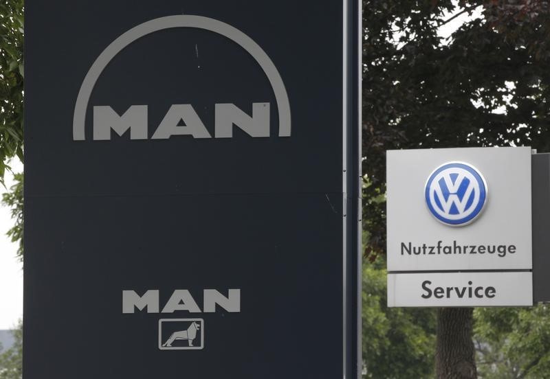 © Reuters. Signs of VW and MAN are pictured at a truck service centre in Dortmund