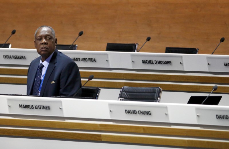 © Reuters. Acting FIFA president Hayatou waits for the start of the Extraordinary Congress in Zurich