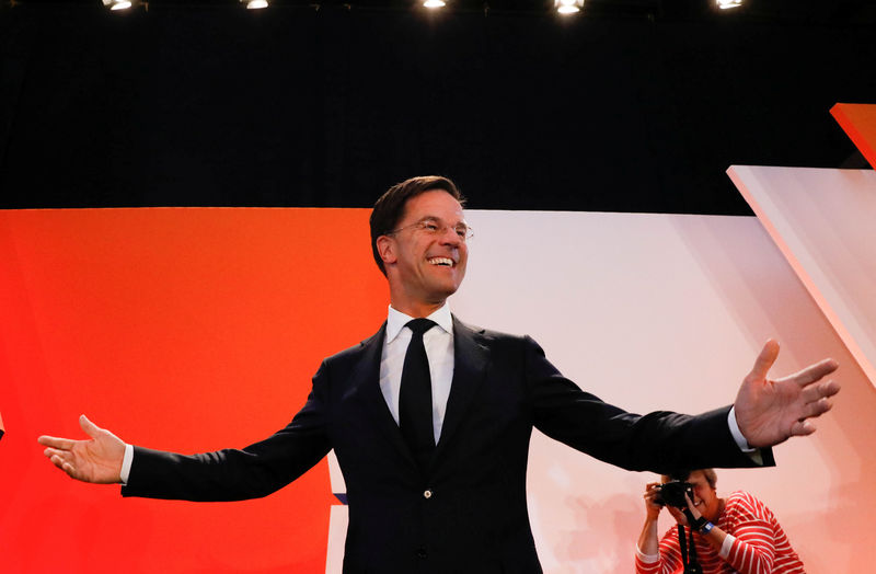 © Reuters. Dutch Prime Minister Mark Rutte of the VVD Liberal party appears before his supporters in The Hague