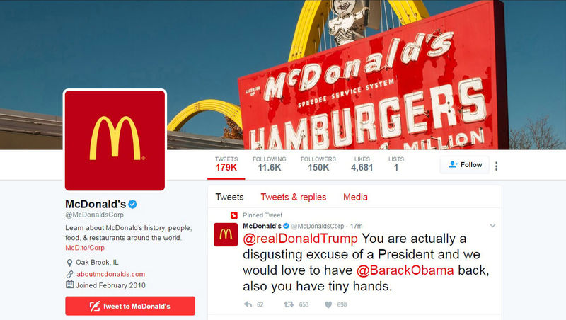 © Reuters. A message to Donald Trump appears on the McDonald's Twitter account timeline -- which McDonald's said was hacked --  in a screen capture