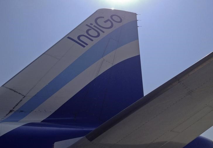 © Reuters. The tail fin of an IndiGo Airlines A320 aircraft is pictured at Rajiv Gandhi International Airport in Hyderabad