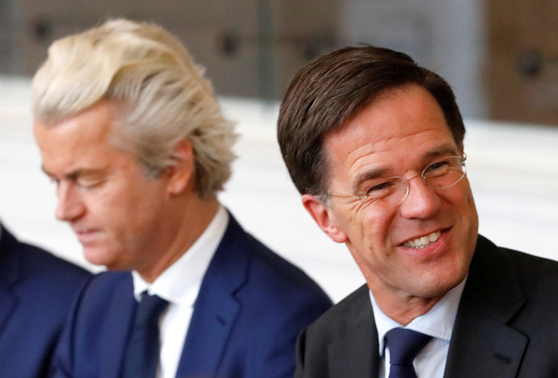 © Reuters. FILE PHOTO: Dutch Prime Minister Rutte talk with Dutch far-right politician Geert Wilders of the PVV Party during a meeting at the Dutch Parliament in The Hague