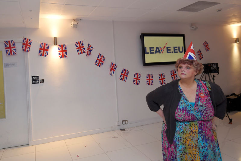 © Reuters. FILE PHOTO: A Leave.eu supporter wears a union flag paper hat after polling stations closed in the Referendum on the European Union in London